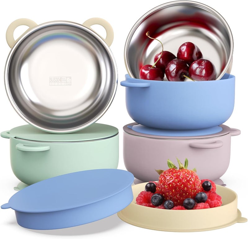 Bakpoco Baby Suction Bowls with Lids 4-Pack, 2-in-1 Stainless Steel 304 Toddler Bowl & Removable Silicone Suction Kids Bowl Plate Set Non Toxic Snack Dishes for Self-Feeding, Twilight Meadow - Image 1